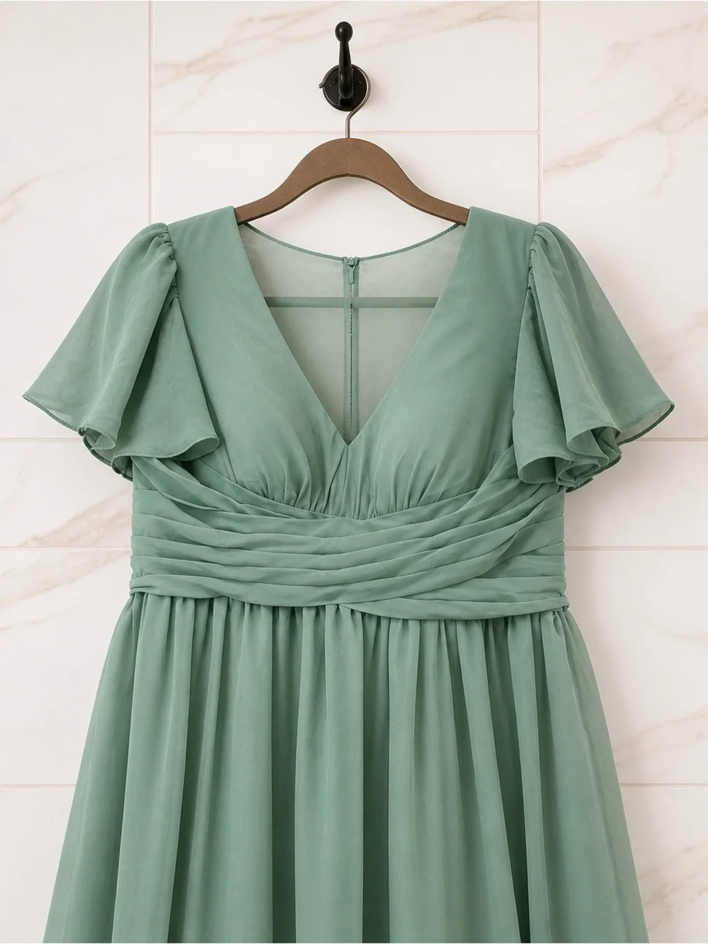 NWT Azazie Sage Green V-Neck Flutter Sleeve Maxi Dress bridesmaid formal gown A8 - Picture 3 of 14